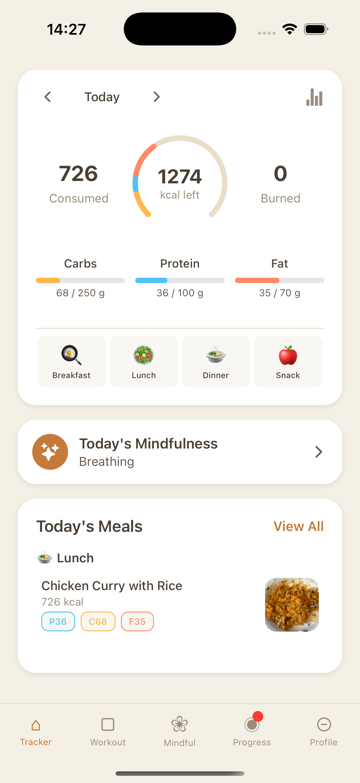 Nutribeat app showing daily calorie tracking interface