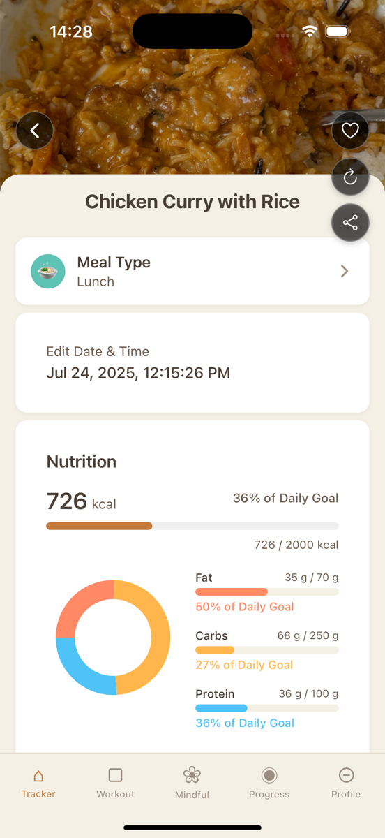 Nutribeat AI meal analysis showing nutrition breakdown